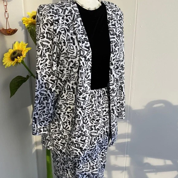 Vintage 80s Abstract Geometric Pattern Black & White Dress & Jacket Matching Set - Picture 2 of 11
